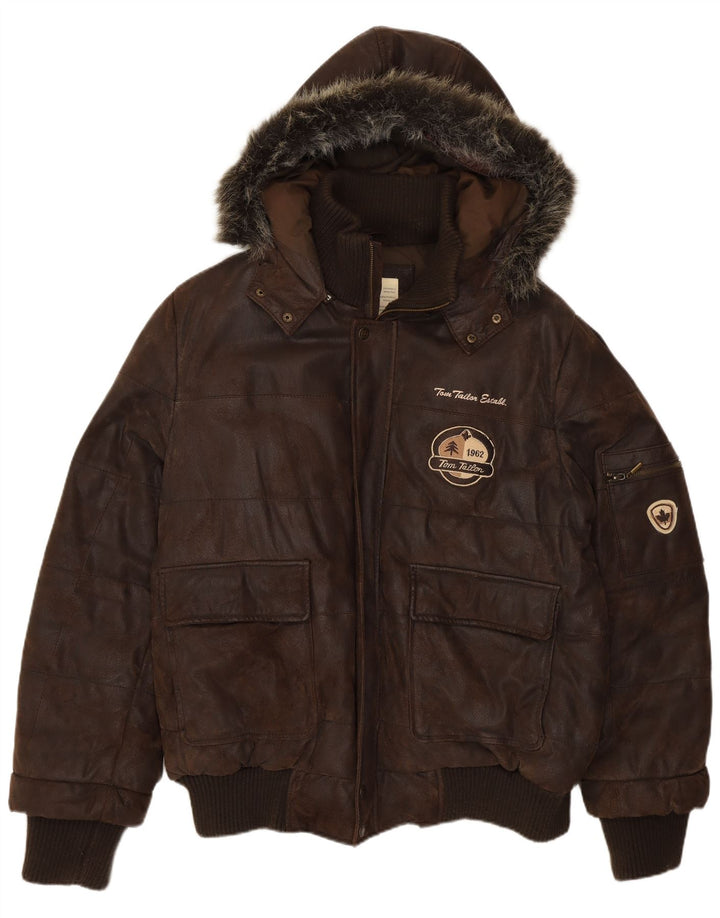 Tom Tailor Giubbotto bomber in pelle grafica da uomo UK 40 Grande pelle marrone