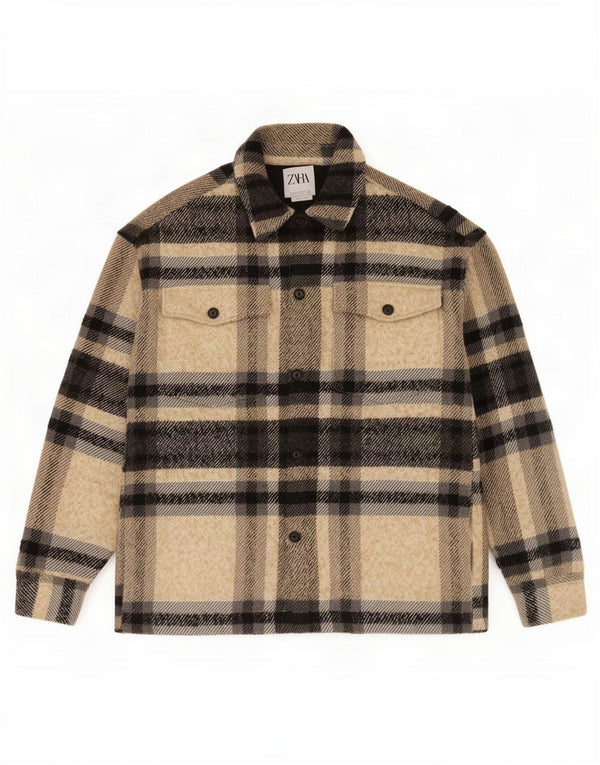 Zara Mens Utility Jacket UK 40 Large Beige Check Polyester