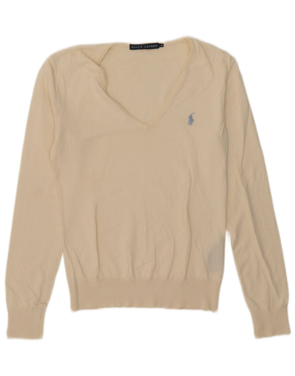 Maglione maglione con scollo a V da donna Ralph Lauren UK 12 cotone bianco sporco medio