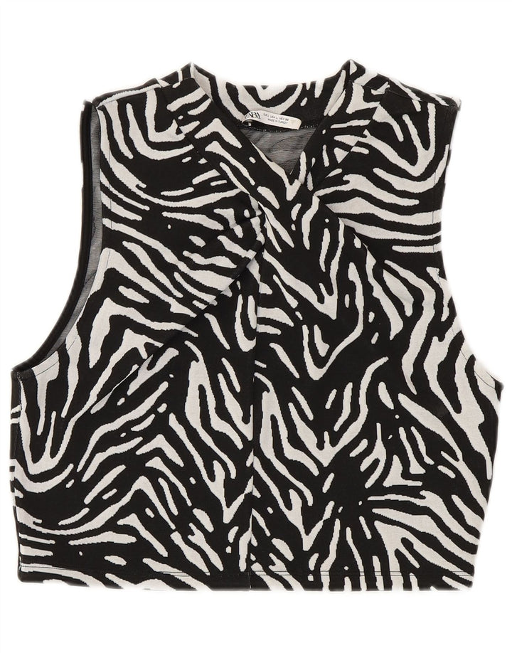 Canotta corta da donna Zara UK 14 grande poliestere nero con stampa animalier