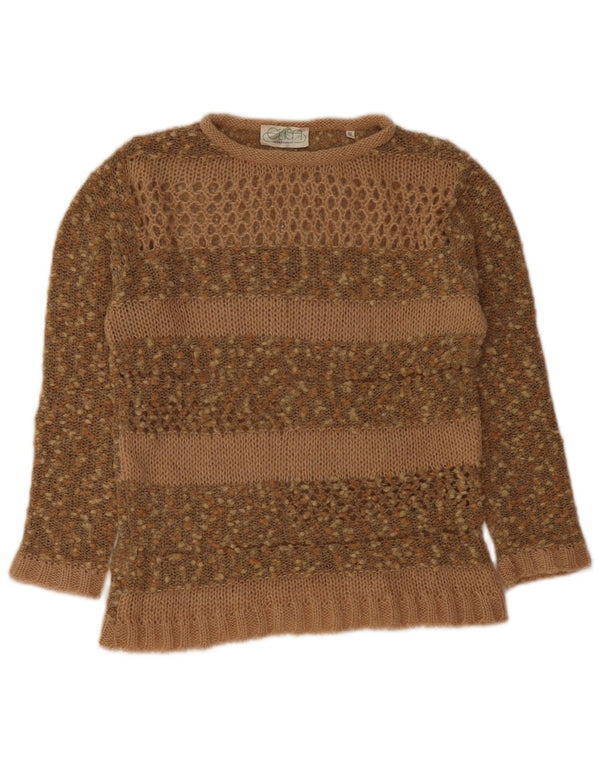 Maglione da donna vintage con scollo a barca all'uncinetto UK 14 Beige medio chiazzato