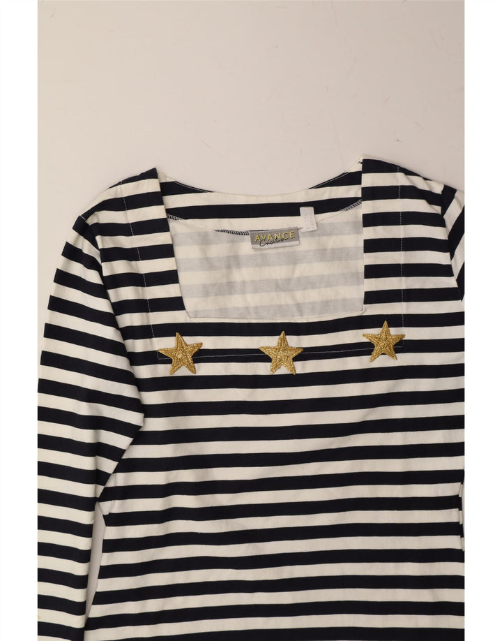 VINTAGE Womens Top Long Sleeve UK 12 Medium Navy Blue Striped Cotton Vintage Vintage and Second-Hand Vintage from Messina Hembry 