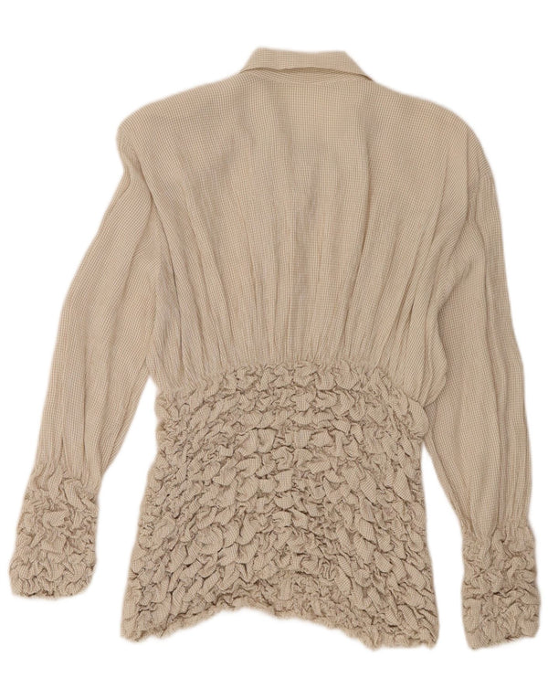 Top camicetta a maniche lunghe da donna vintage UK 10 piccolo acetato a quadri beige
