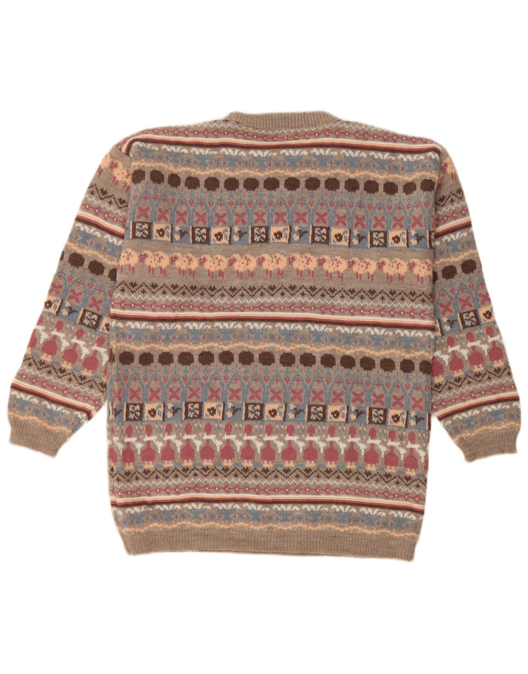 Maglione maglione girocollo da donna vintage UK 14 Beige medio geometrico