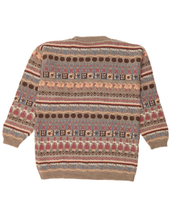 Maglione maglione girocollo da donna vintage UK 14 Beige medio geometrico