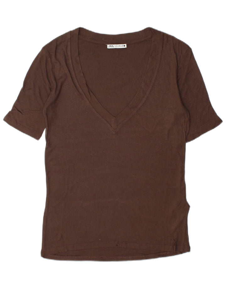 T-shirt Zara da donna Top UK 14 viscosa marrone medio