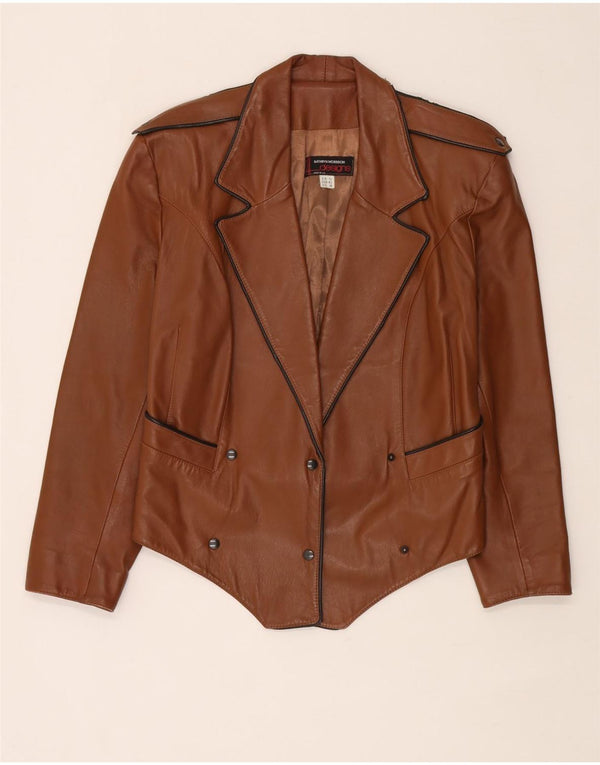 Giacca in pelle militare vintage da donna corta UK 12 marrone medio