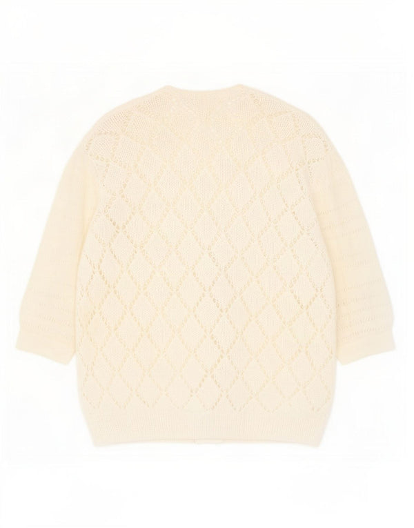 Maglione cardigan trasparente da donna vintage UK 14 medio bianco screziato