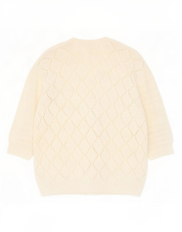 Maglione cardigan trasparente da donna vintage UK 14 medio bianco screziato