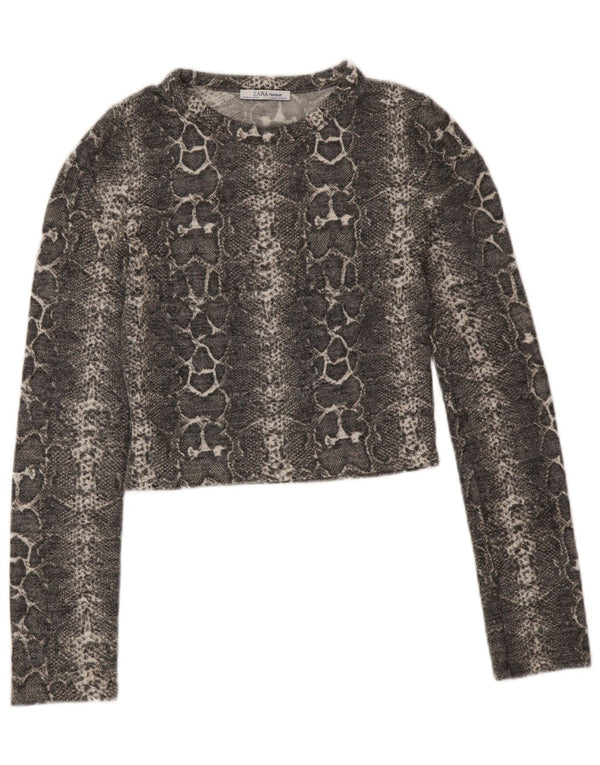 Top corto Zara Trafaluc da donna a maniche lunghe UK 10 piccolo grigio stampa animalier