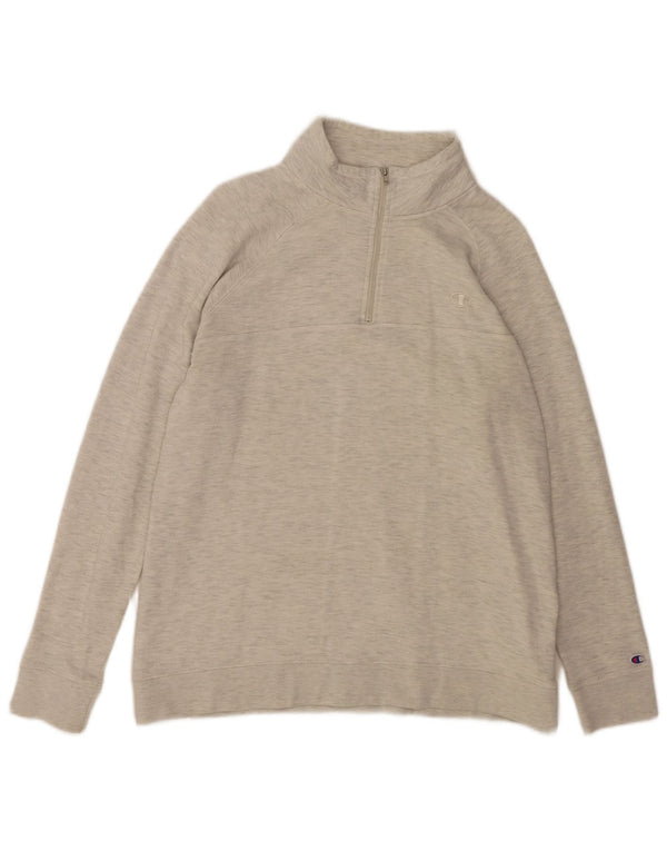 CHAMPION Mens Zip Neck Sweatshirt Jumper Large Grey Flecked Cotton