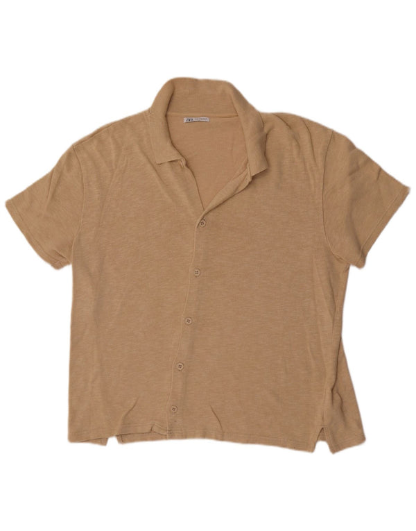 Camicia a maniche corte da uomo Zara in cotone screziato beige medio