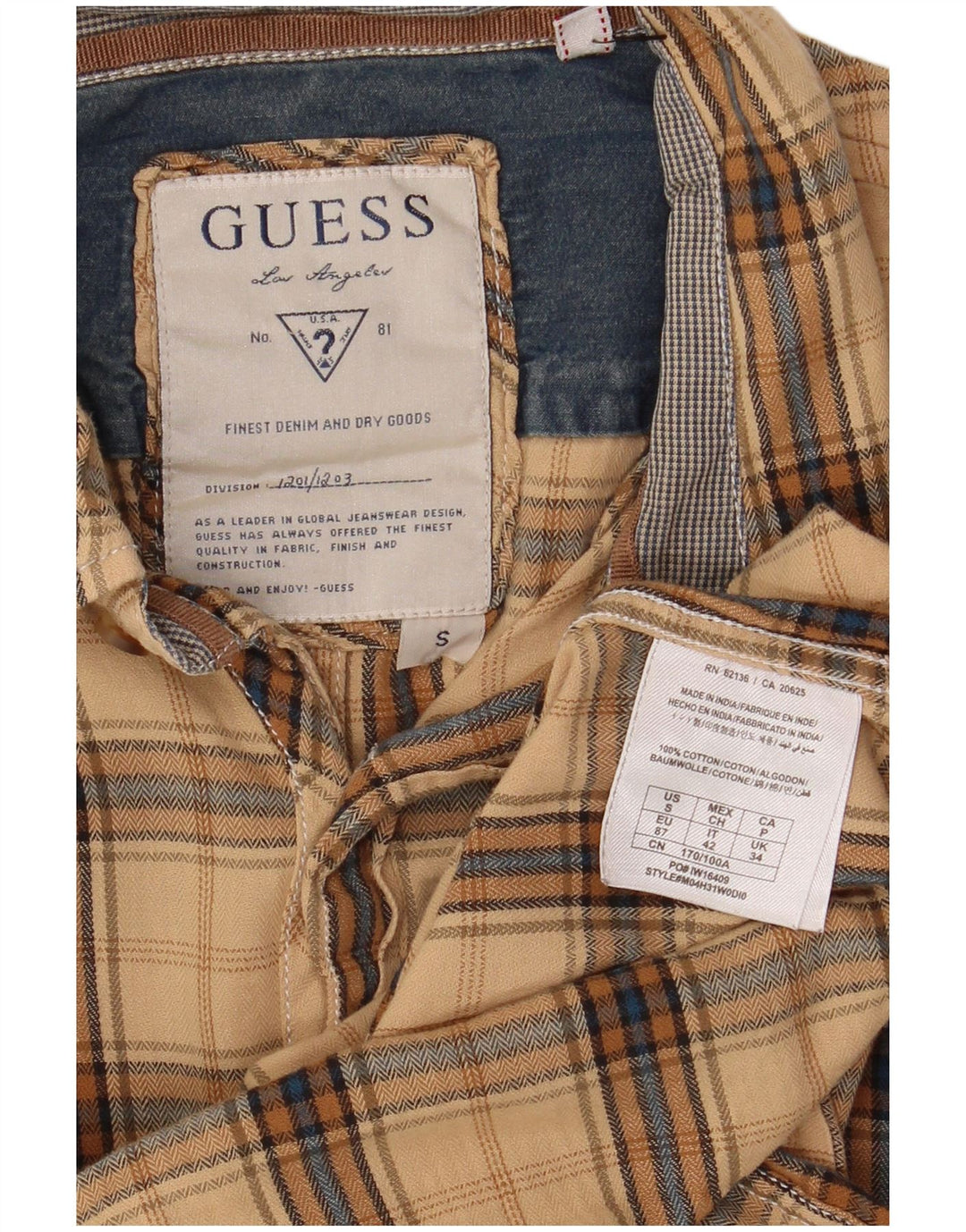 Camicia Guess da uomo in flanella di cotone a quadri beige piccolo