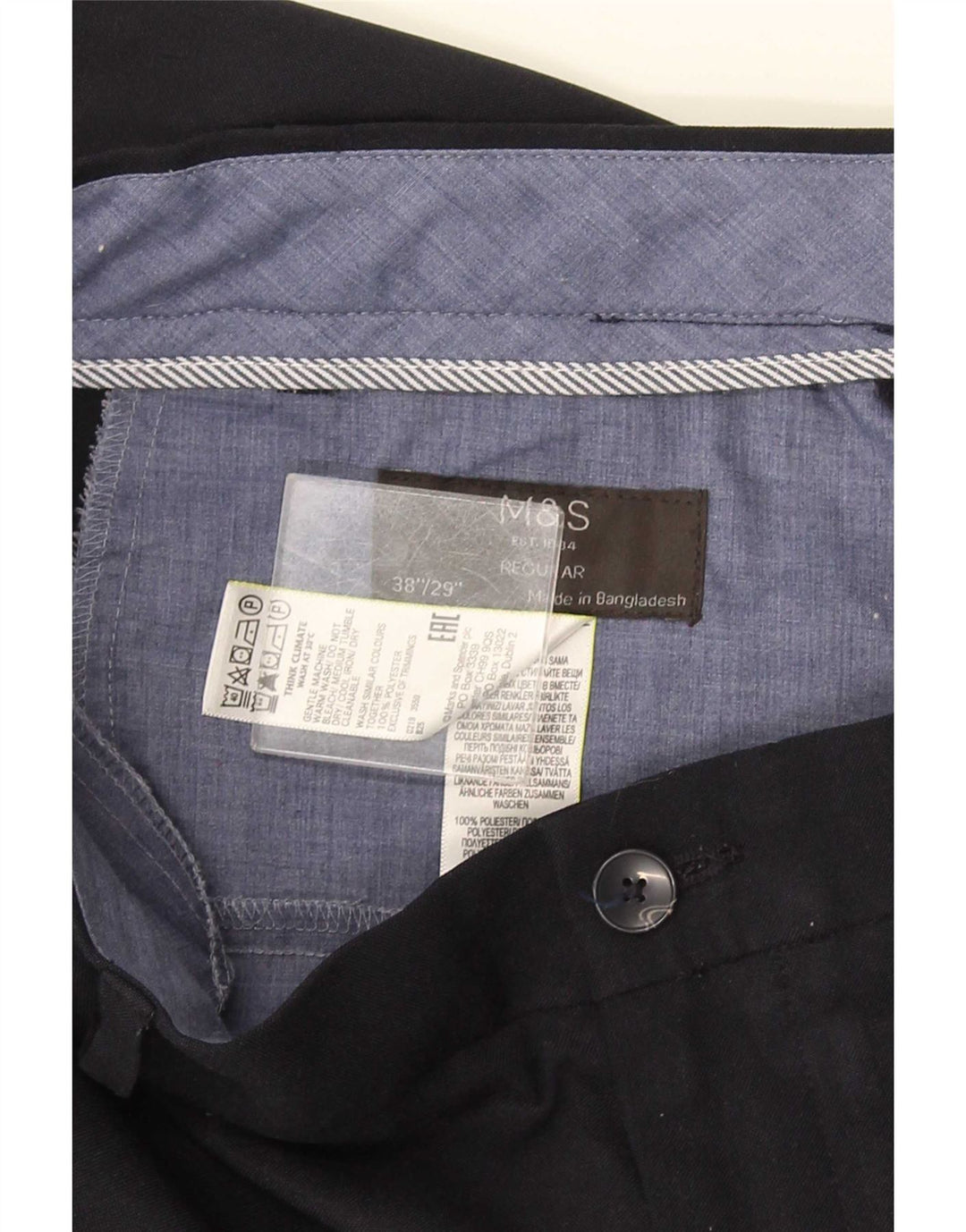 Pantaloni chino regolari da uomo Marks & Spencer W38 L29 poliestere blu navy