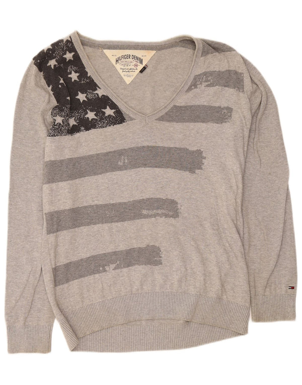 Maglione maglione con scollo a V da uomo Tommy Hilfiger XL in cotone geometrico grigio