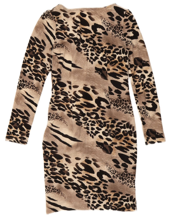 Abito tubino vintage da donna a maniche lunghe UK 12 Stampa animalier marrone medio