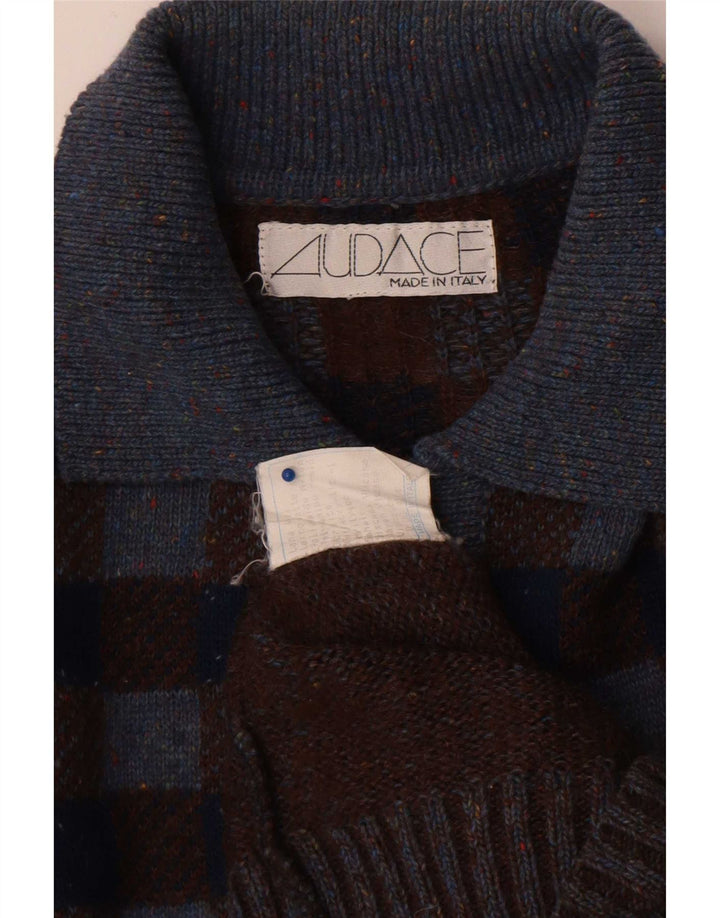 Maglione vintage da uomo con collo a polo, lana a quadri grigi grandi