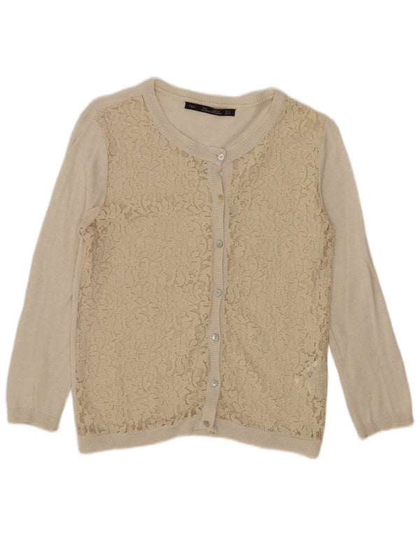 Maglione cardigan in pizzo con maniche a 3/4 Zara da donna UK 10 piccolo nylon beige