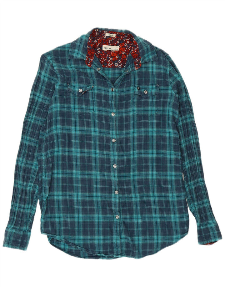 Replay Camicia da donna in flanella regolare UK 10 Piccolo cotone a quadri blu