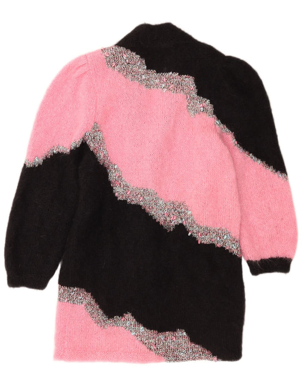 Maglione cardigan lungo da donna vintage UK 14 Colorblock rosa medio