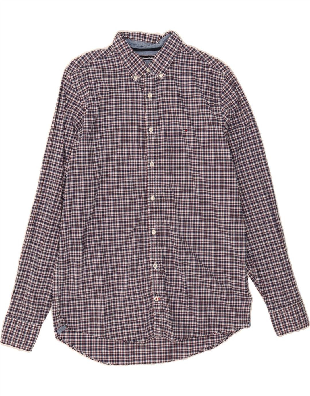 TOMMY HILFIGER Mens Slim Fit Shirt Medium Navy Blue Check Cotton