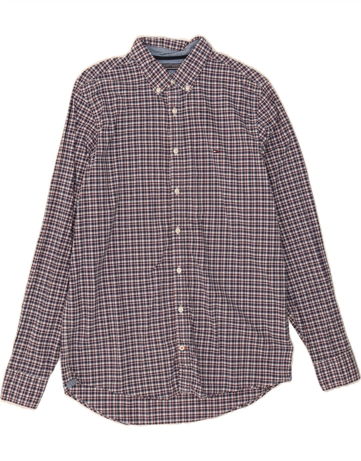 TOMMY HILFIGER Mens Slim Fit Shirt Medium Navy Blue Check Cotton