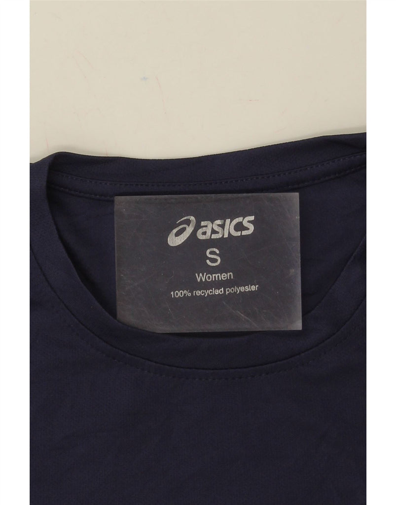 ASICS Womens Graphic T-Shirt Top UK 10 Small Navy Blue Polyester Vintage Asics and Second-Hand Asics from Messina Hembry 