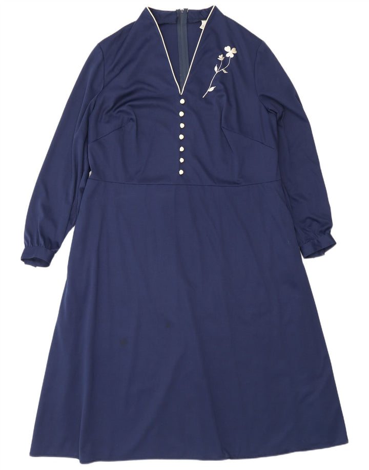 Abito lungo da donna vintage a maniche lunghe IT 50 XL poliestere blu navy