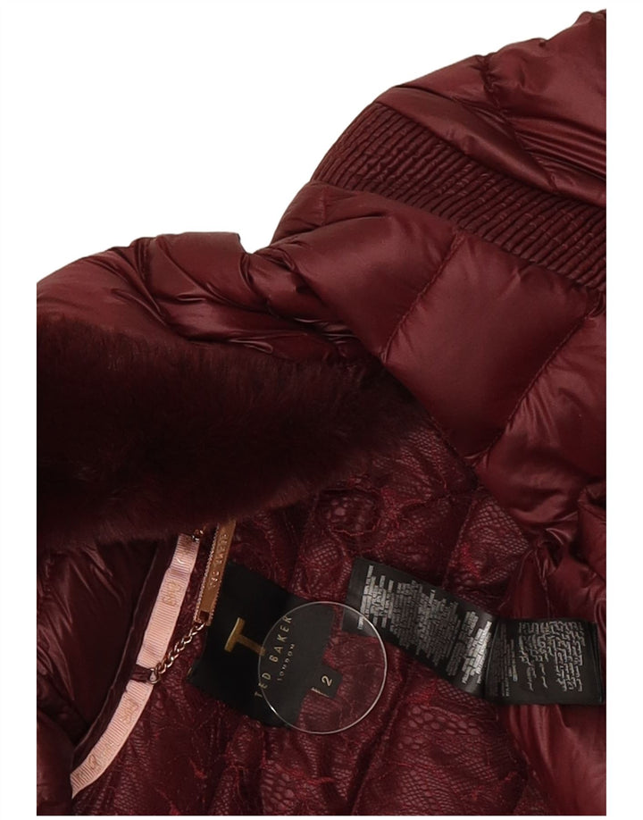 Cappotto imbottito con cappuccio da donna Ted Baker taglia 2 piccolo bordeaux in poliammide
