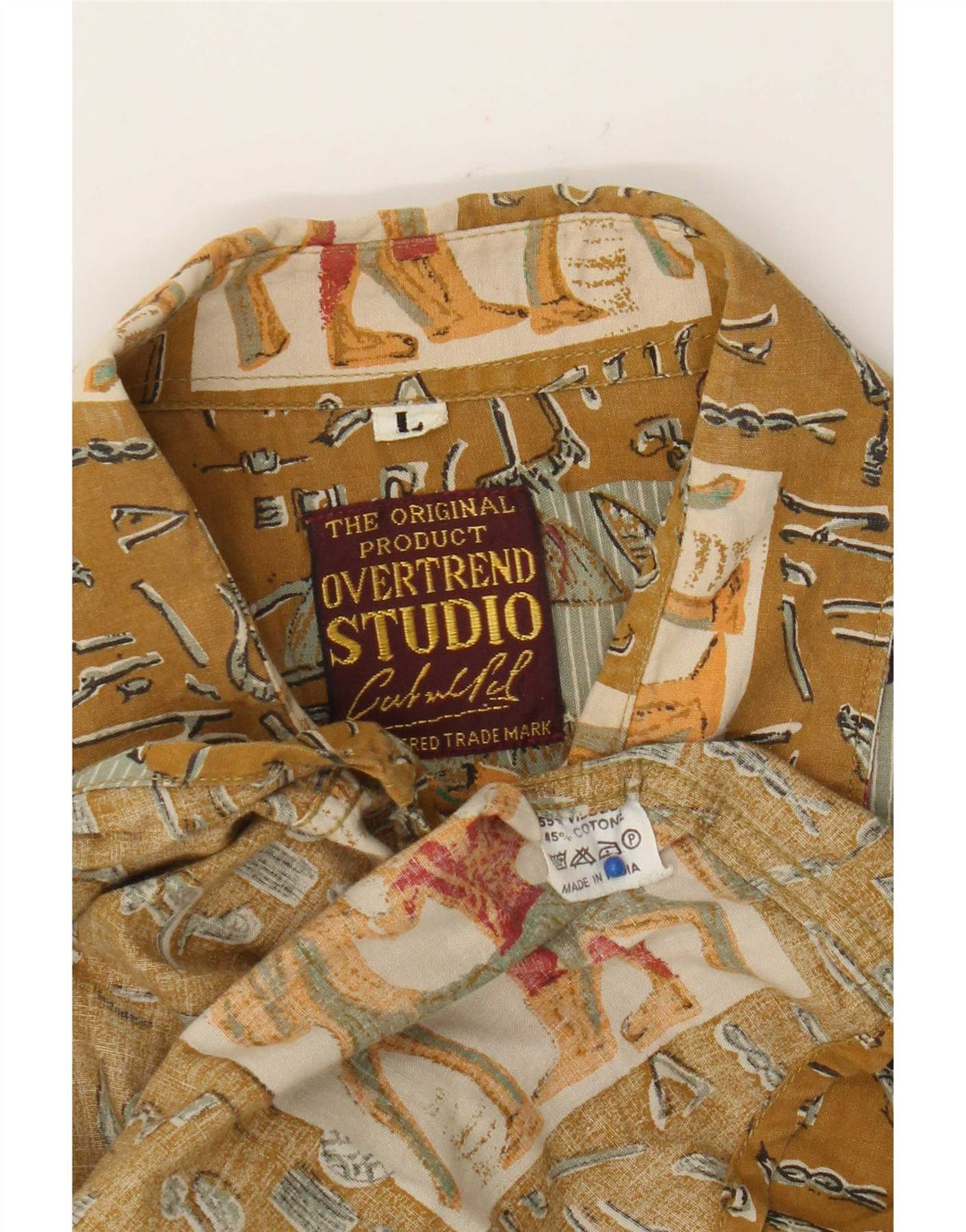 Camicia a maniche corte grafica vintage da uomo grande viscosa patchwork kaki