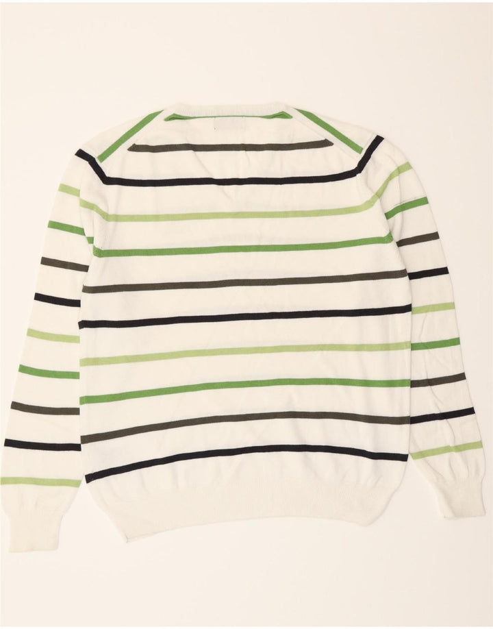 KAPPA Mens V-Neck Jumper Sweater Large White Striped Cotton Vintage Kappa and Second-Hand Kappa from Messina Hembry 