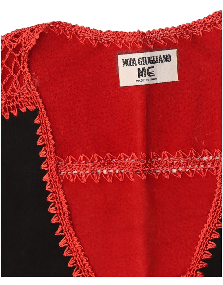 Gilet vintage da donna in pelle scamosciata corta UK 14 rosso medio geometrico