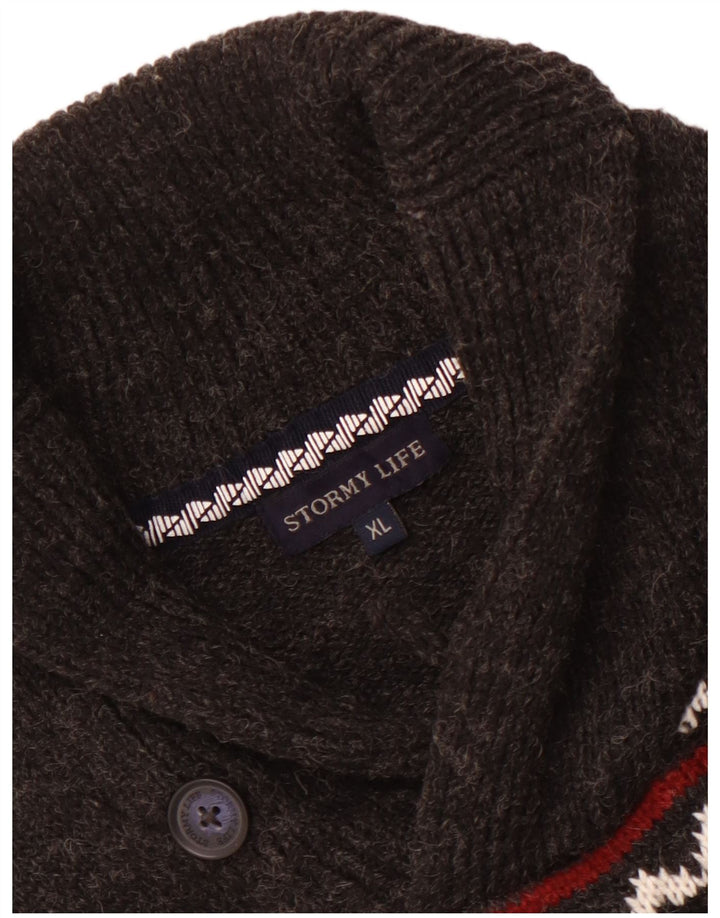 Maglione vintage da uomo con collo a scialle grigio medio Fair Isle