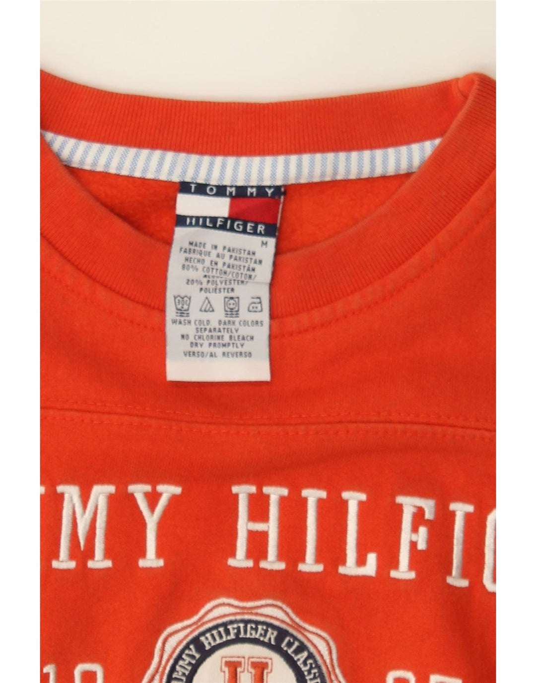 TOMMY HILFIGER Womens Graphic Sweatshirt Jumper UK 14 Medium Orange Cotton Vintage Tommy Hilfiger and Second-Hand Tommy Hilfiger from Messina Hembry 