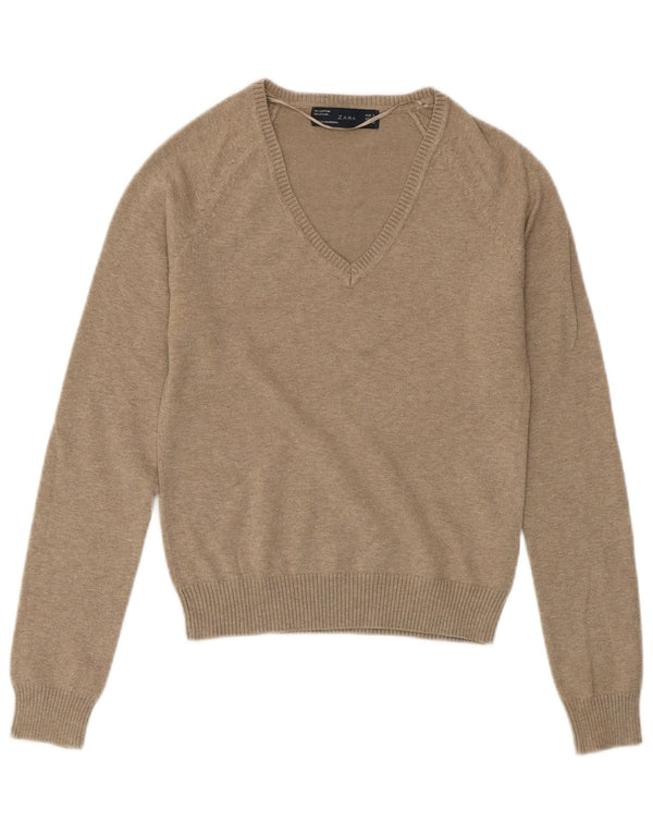 Maglione ZARA da donna con scollo a V UK 8 piccolo cotone grigio