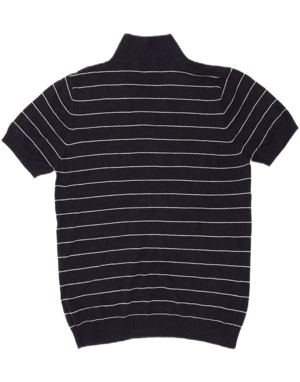 Zara Mens Short Sleeve Polo Neck Jumper Sweater Large Navy Blue Striped