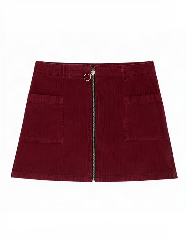Topshop Donna Moto Mini Gonna in velluto a coste UK 12 Medio W32 Cotone bordeaux