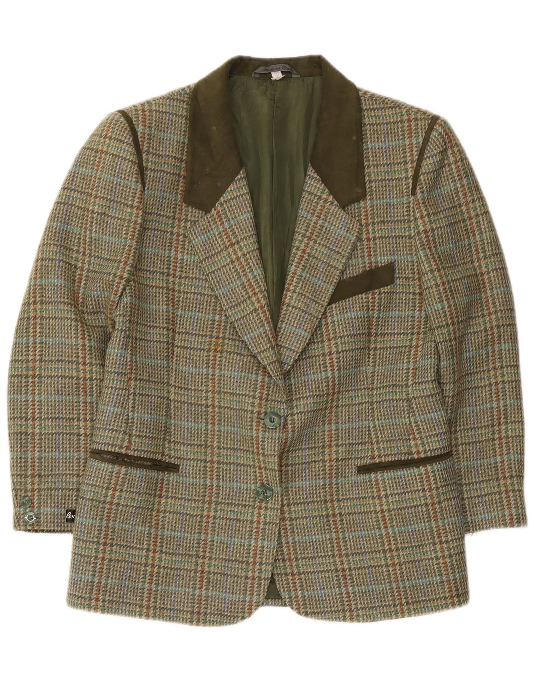 Giacca blazer vintage da donna a 2 bottoni IT 46 grande lana pied de poule verde