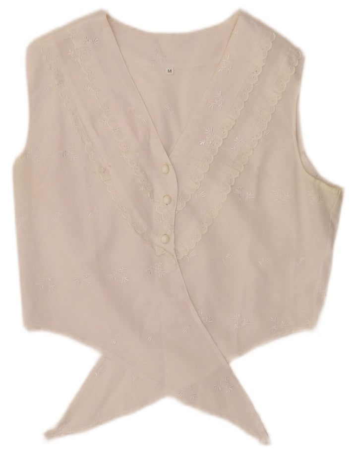 Camicetta vintage da donna con cravatta corta sul davanti UK 12 floreale bianco medio