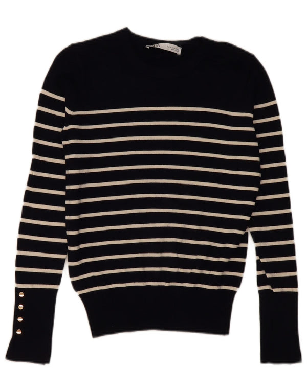 Maglione maglione girocollo da donna Zara UK 10 piccolo a righe blu navy