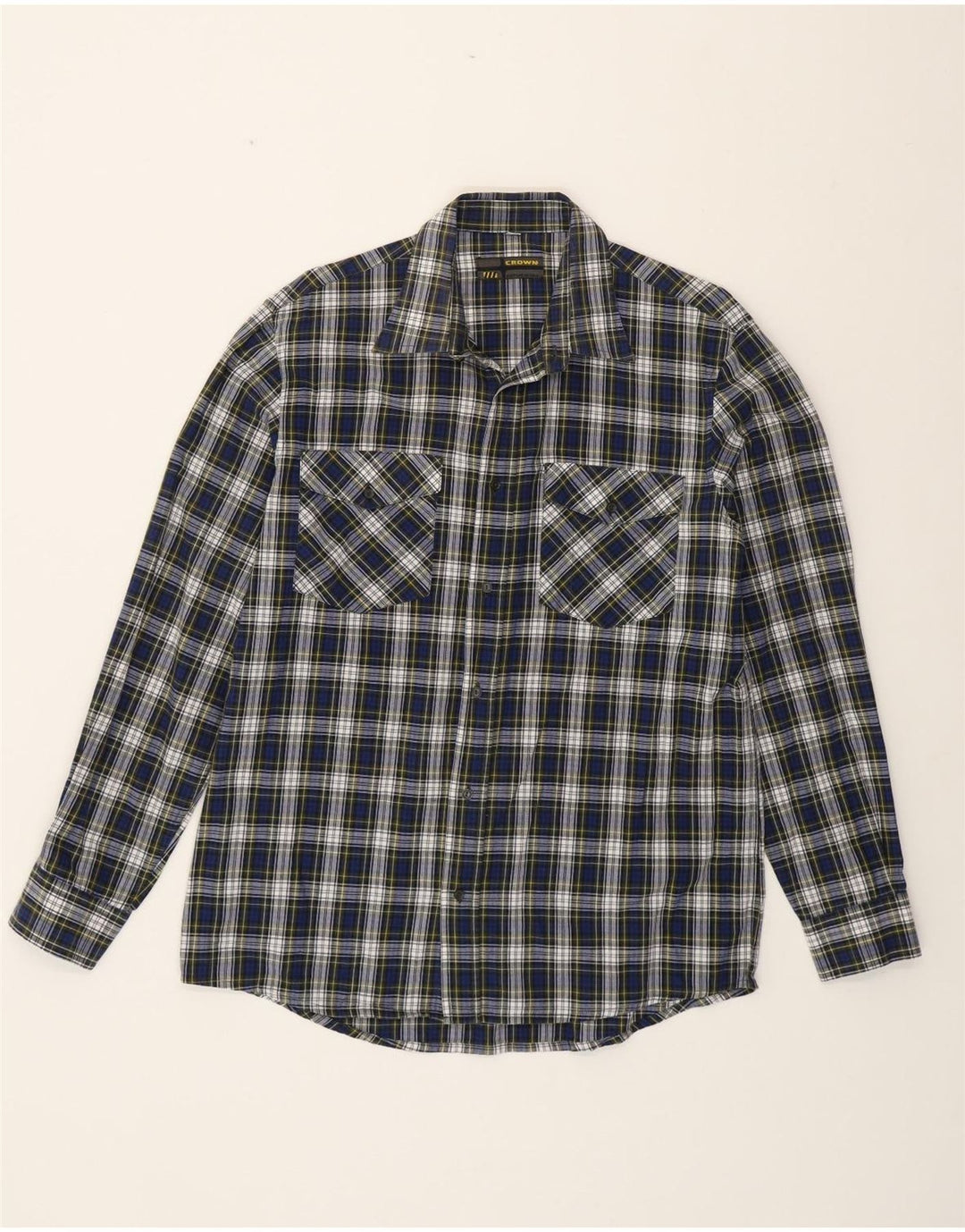 CROWN Camicia da uomo in flanella taglia 42 grande cotone a quadri blu navy