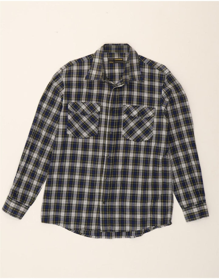CROWN Camicia da uomo in flanella taglia 42 grande cotone a quadri blu navy