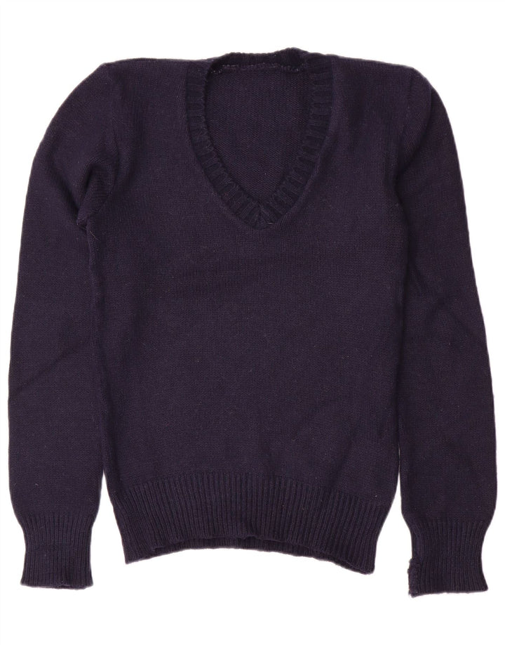 Maglione maglione con scollo a V da donna VINTAGE UK 10 piccolo blu navy