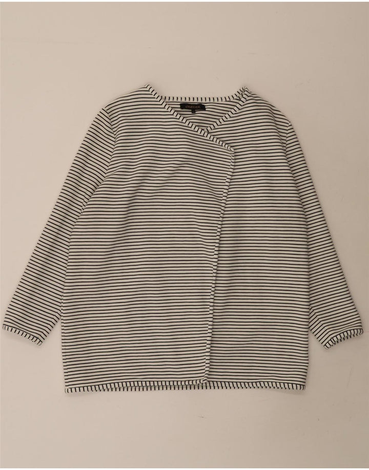 Maglione cardigan aperto da donna Jaeger UK 16 grande cotone a righe bianche