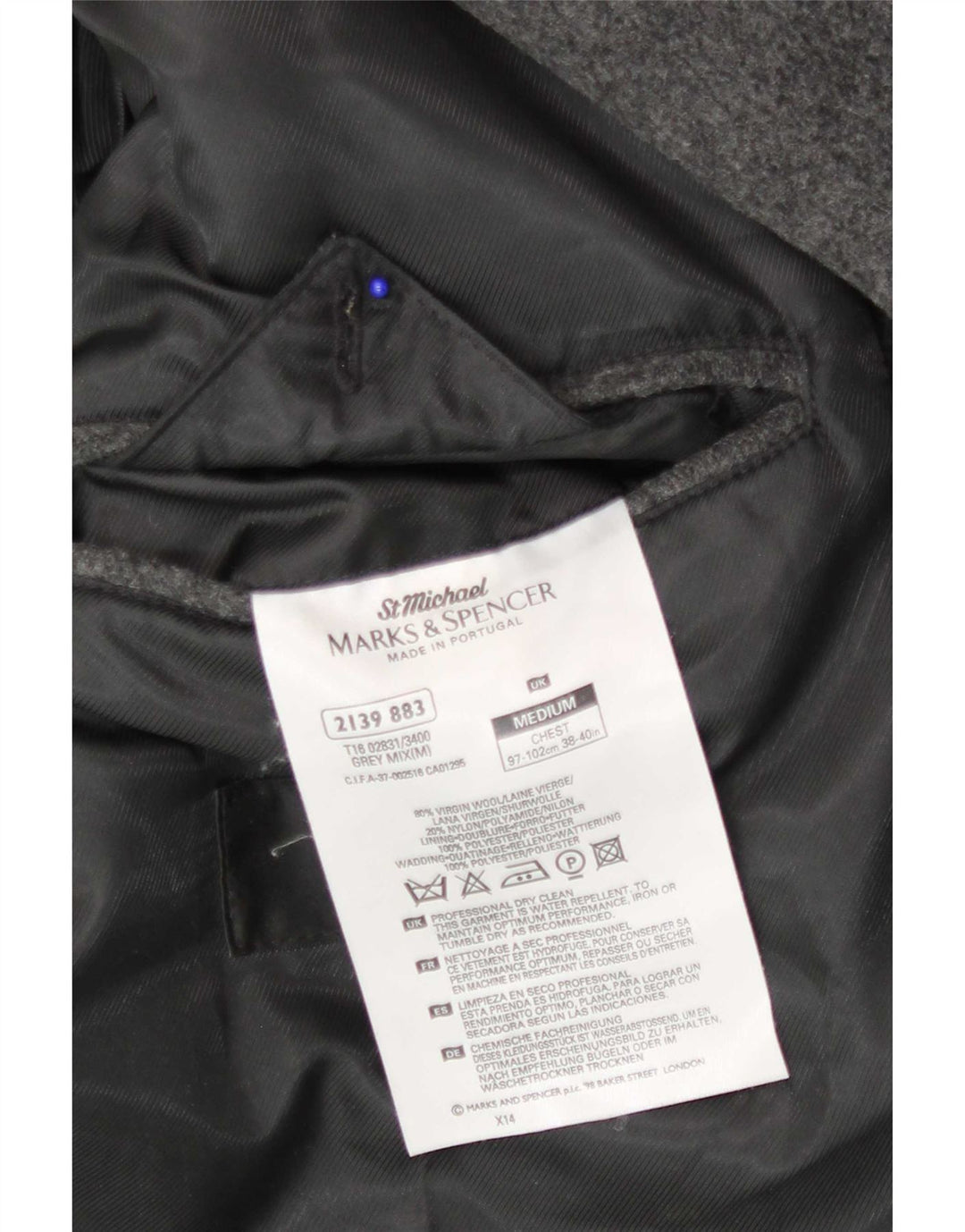 Cappotto doppiopetto da uomo Marks & Spencer UK 38 Lana vergine grigio medio