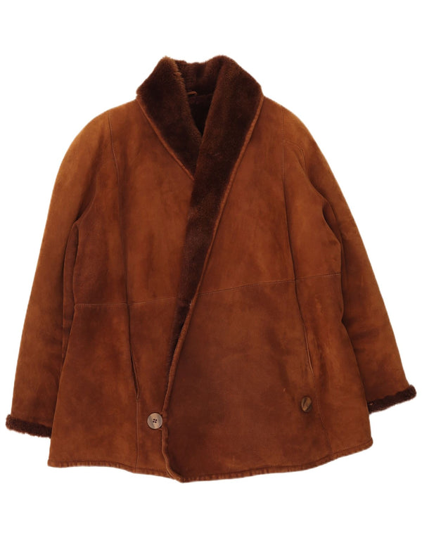 Giacca in shearling doppiopetto vintage da donna, vestibilità ampia, taglia UK 18 XL, marrone