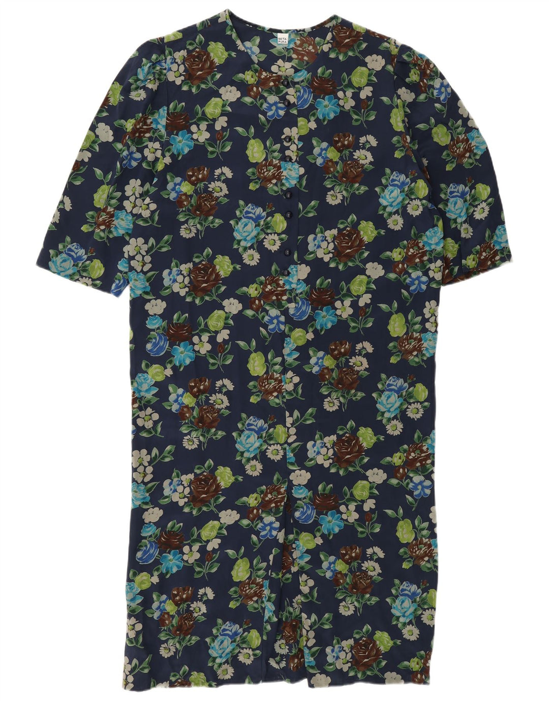 Abito a trapezio vintage da donna UK 12 Seta floreale blu navy medio