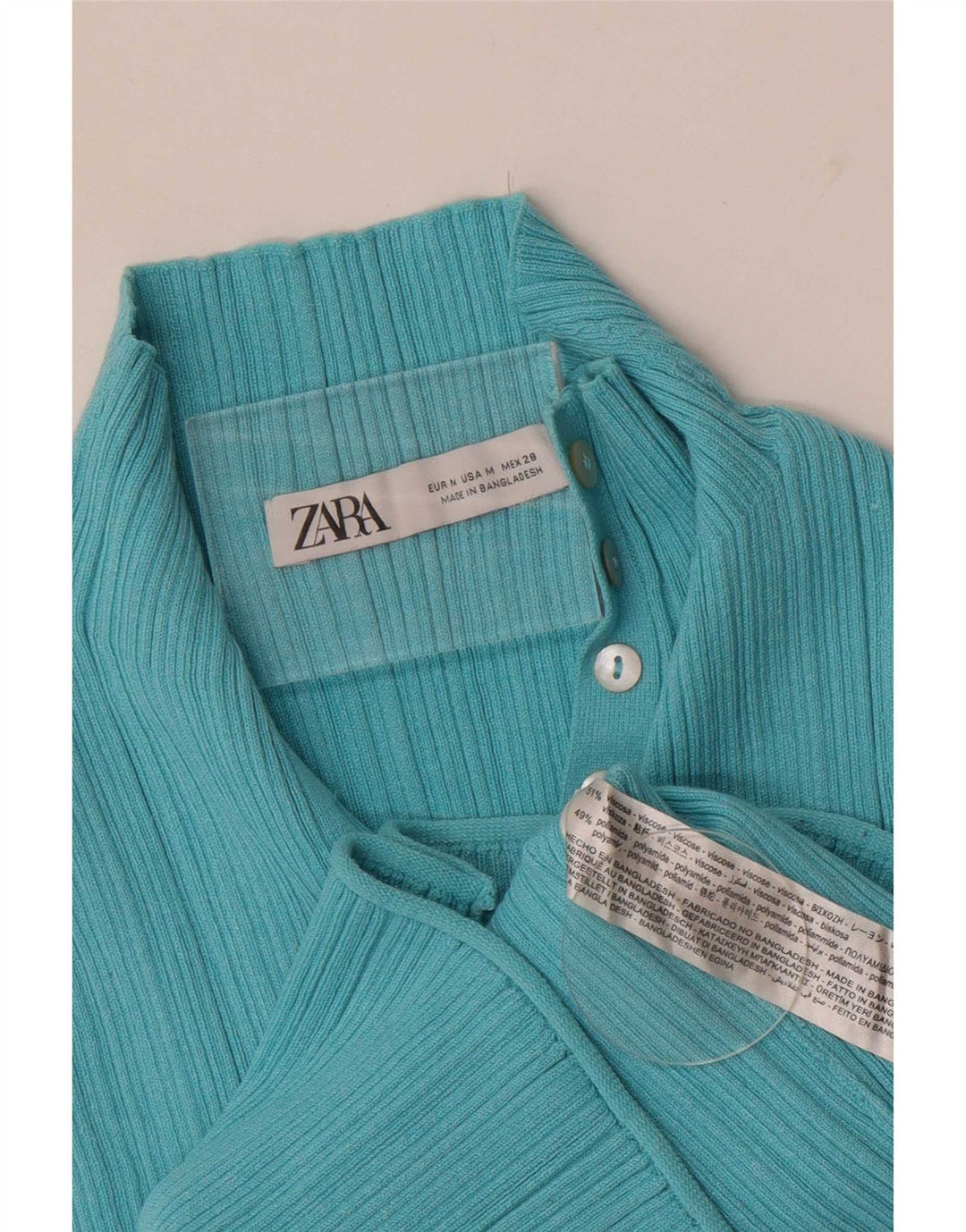 Top Zara da donna con collo corto e bottoni, UK 12, viscosa blu medio