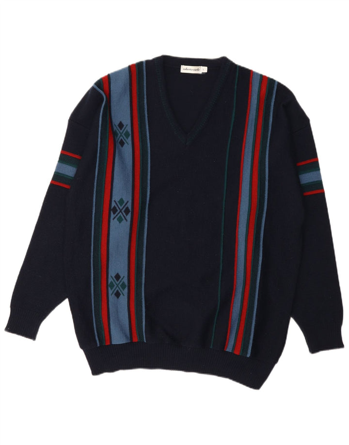 Roberto Carlo Maglione da uomo con scollo a V grande blu navy a rombi/diamante