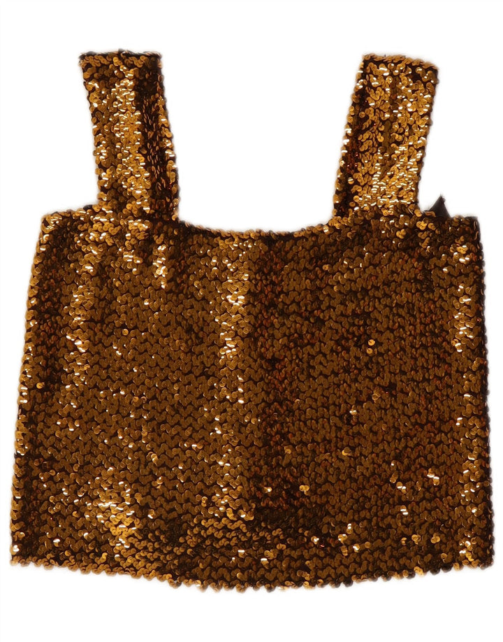 Top corto vintage con paillettes da donna senza maniche UK 12 oro medio
